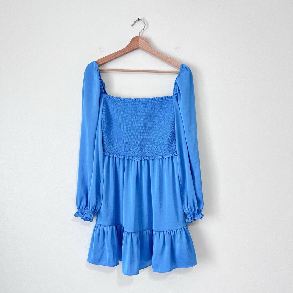 Aritzia Wilfred Tempest Satin Smocked Mini Dress Blue M Long Sleeve Babydoll - Picture 2 of 11
